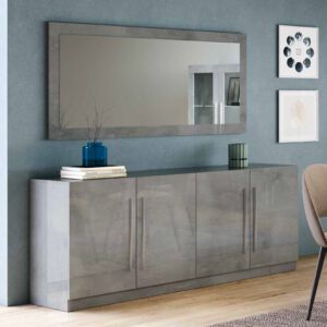 Breta Gloss Sideboard 4 Doors With Mirror In Grey Marble Effect