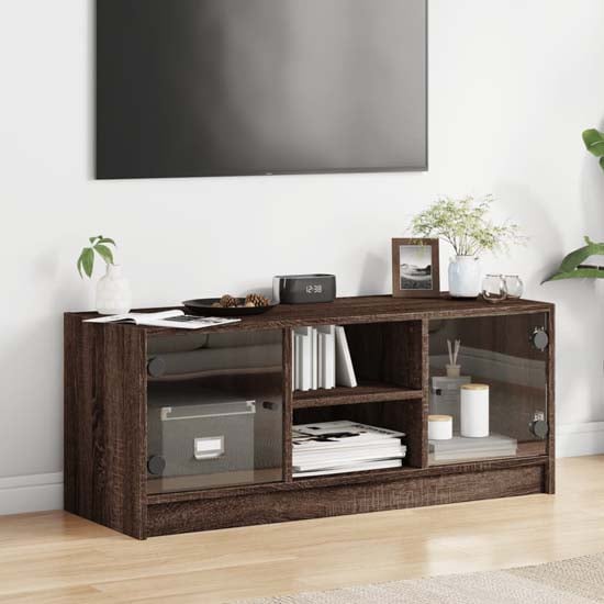 Avila Wooden TV Stand With 2 Glass Doors In Brown Oak