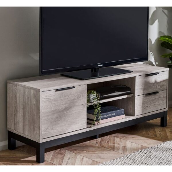 Baara Wooden TV Stand With 1 Door 2 Drawers In Grey Oak