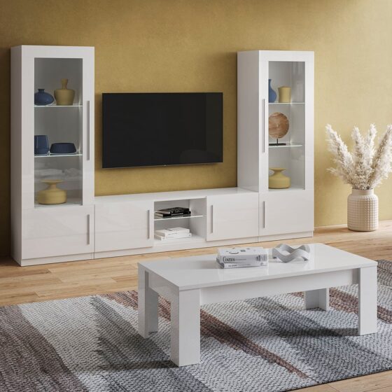 Breta Living Room Set With Coffee Table In White And LED