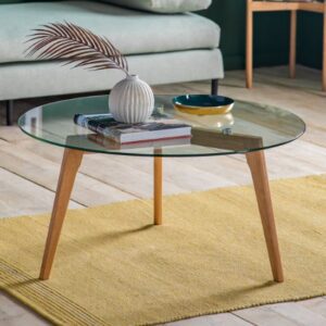 Brix Clear Glass Round Coffee Table In Natural Oak Base