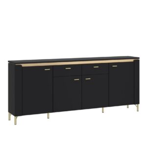 Gaffney LED Wooden Sideboard With 4 Doors In Matt Black And Gold