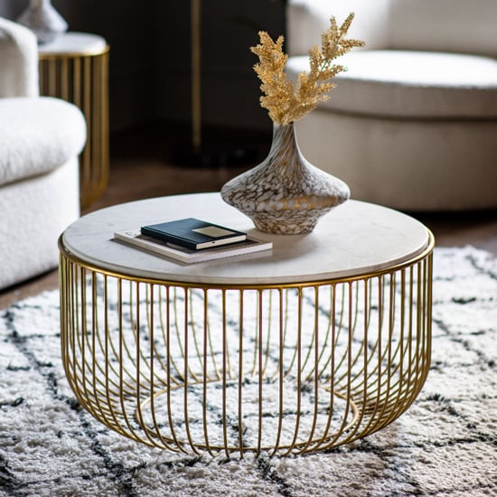 Rugby Marble Top Coffee Table In White With Gold Metal Frame