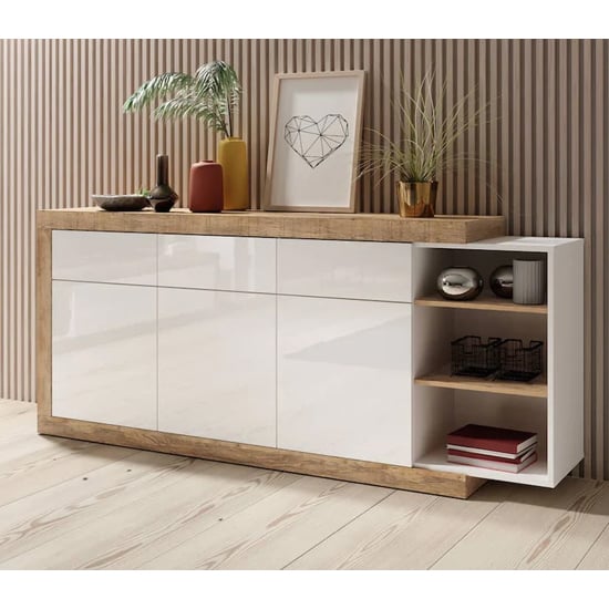 Sanur High Gloss Sideboard 3 Doors 3 Drawers In White Sandal Oak