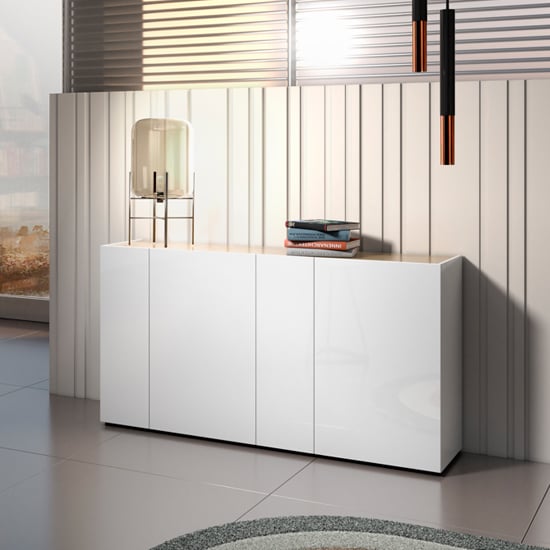 Tivoli Gloss Sideboard 4 Doors 6 Shelves In White Artisan Oak Top