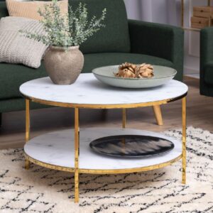 Allen White Marble Coffee Table Underself And Glass Top In Gold