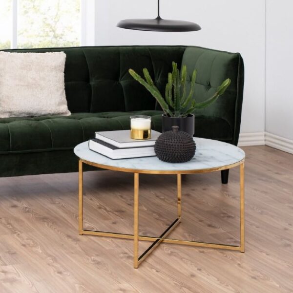 Allen White Marble Coffee Table With Glass Top In Gold