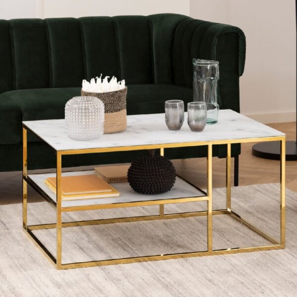 Allen White Marble Effect Glass Coffee Table With Gold Frame