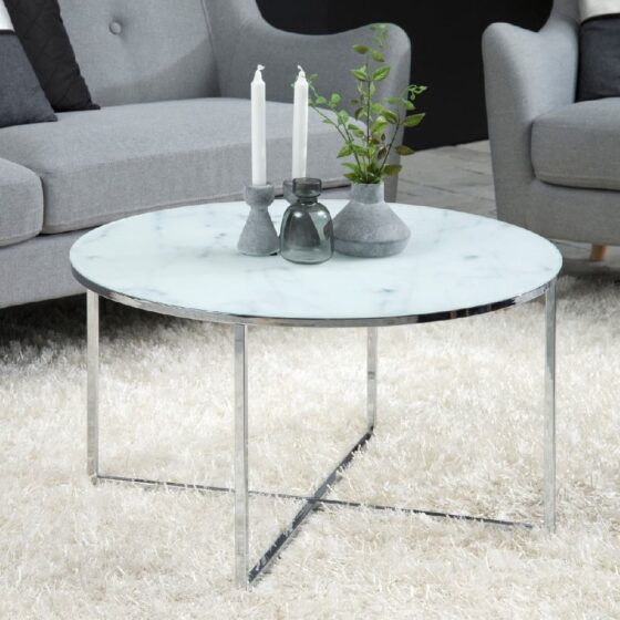 Allen White Marble Glass Coffee Table With Silver Frame