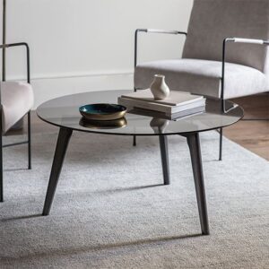 Brix Smoked Glass Round Coffee Table In Black Oak Base