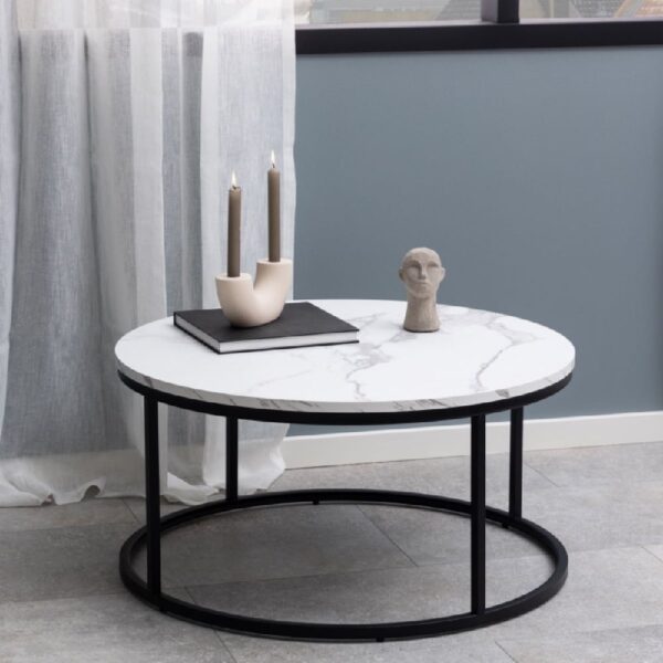 Salem Wooden Coffee Table Round In White Marble Effect