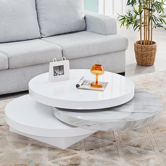 Triplo Round Rotating Coffee Table With Magnesia Marble Effect