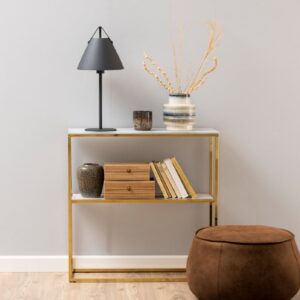 Allen White Marble Console Table With Glass Top In Gold