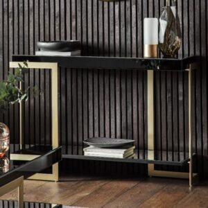 Amana Glass Top Console Table With Golden Metal Frame In Black