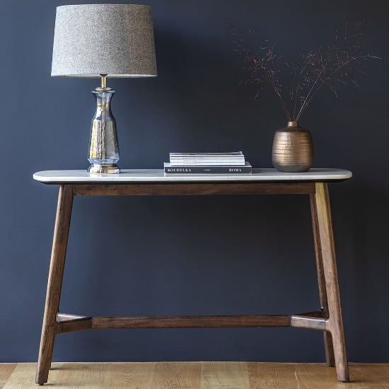 Barcela Wooden Console Table With White Marble Top In Walnut