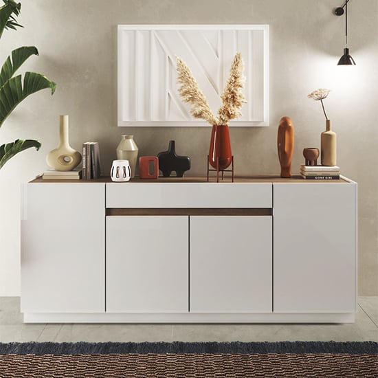 Flores High Gloss Sideboard 4 Doors 1 Drawer In White Dark Oak