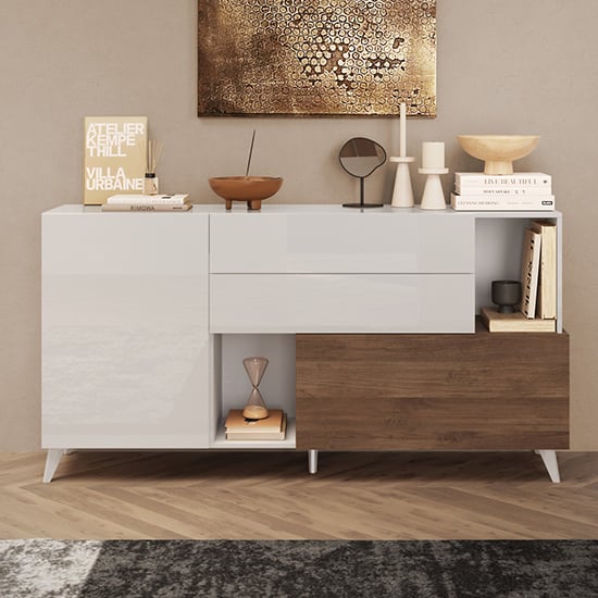 Milan High Gloss Sideboard 2 Doors 2 Drawers In White Walnut