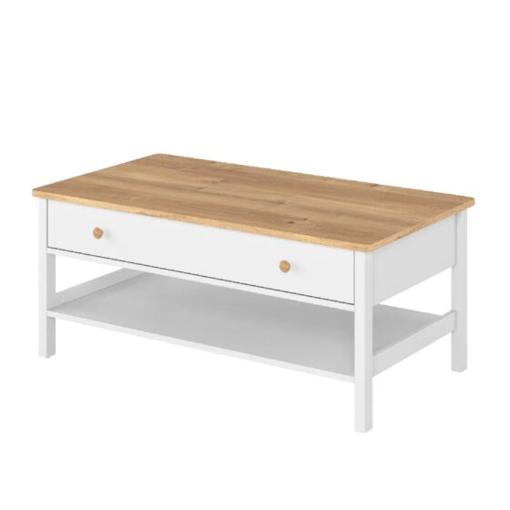 Sevilla Wooden Coffee Table With 1 Drawer In Matt White And Oak