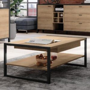 Harbor Wooden Coffee Table With Undershelf In Matt Black And Oak