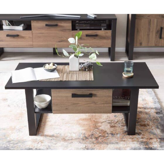 North Wooden Coffee Table With 1 Drawer In Walnut And Matt Black